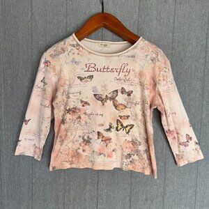 Y2K Cactus 100% Cotton Peach Pink Butterfly Gold Crystal Embelilshed Top Size M